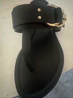 Tory Burch Black Leather Ankle-Strap Thong Sandals with Gold Chain
